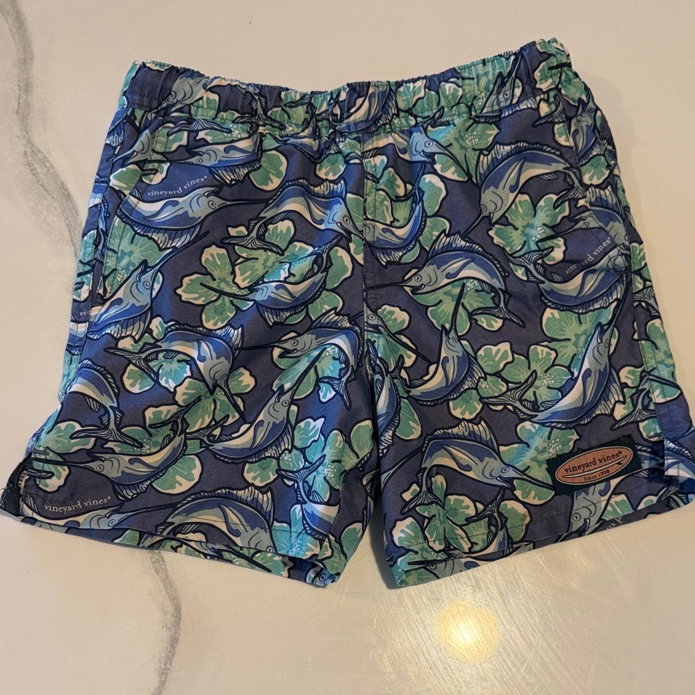 Vineyard Vines Blue and Green Fish Print Swim Shorts